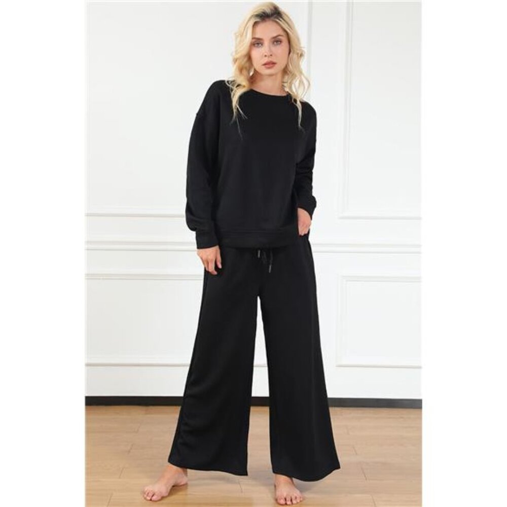 Double Take Full Size Textured Long Sleeve Top and Drawstring Pants Set
